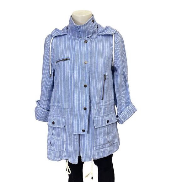 JOIE Blue Striped Anorak Barker‎ Hooded Linen Full Zip Jacket Blazer Size M - Picture 1 of 8